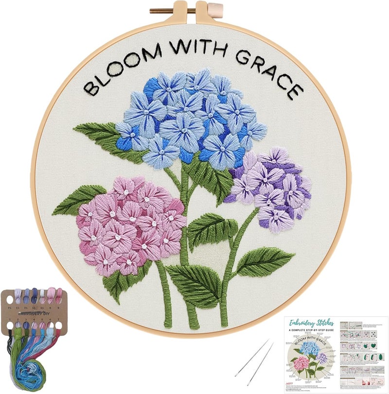 Nuberlic Hydrangea Embroidery Kits for Beginner Adults Cross Stitch Kit with Stamped Pattern Include Cloth Hoops Threads Needles - Image 1